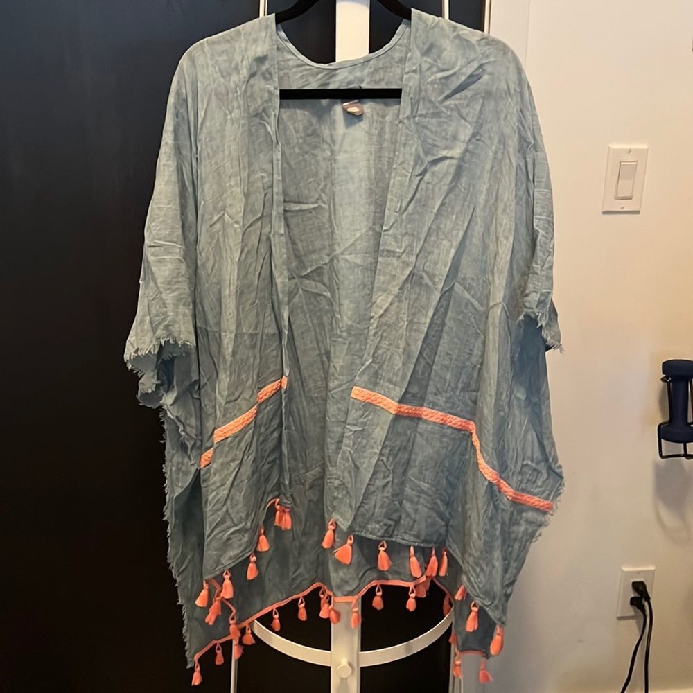 Aerie blue kimono bathing suit cover up with coral pompoms - one size